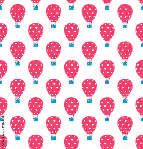 Pink aerostat with white hearts. Air-balloons seamless pattern, Valentine's Day design