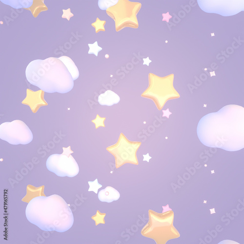 3d rendered cartoon lavender sky with clouds and glowing stars.