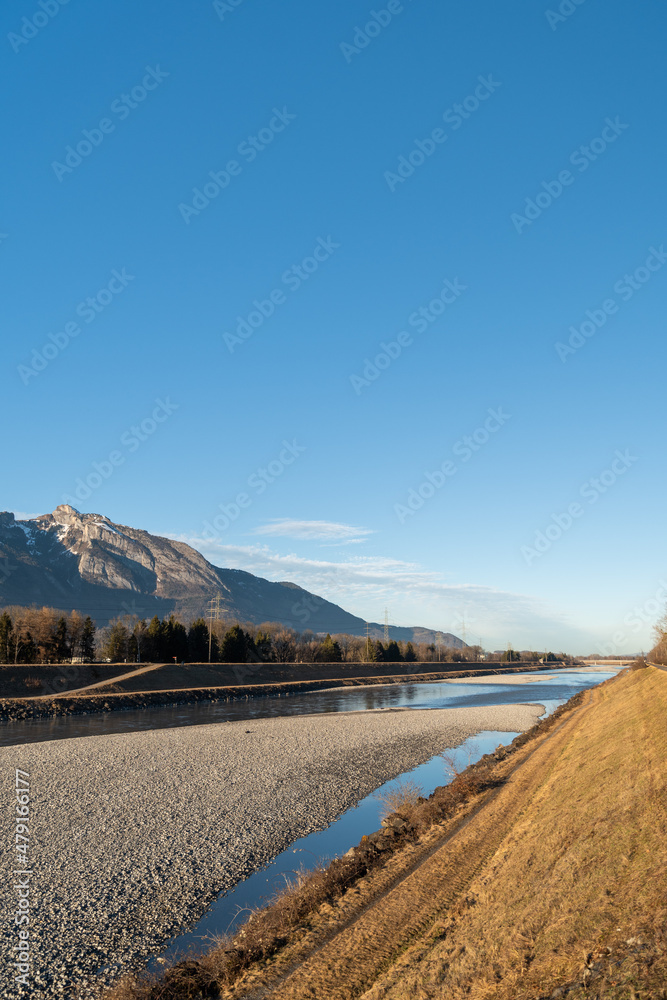 Rhine river at the swiss border from Bendern in Liechtenstein Rhine river at the swiss border from Bendern in Liechtenstein