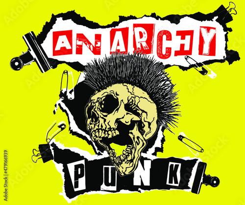 Anarchy Punk. Screaming skull head with mohawk hair isolated on yellow background.
