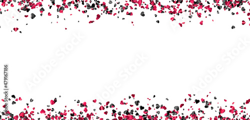Pink and black foil hearts confetti on white banner background with space for text.