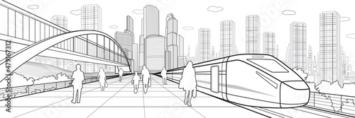 Transport infrastructure panorama, people waiting for train on railway station, locomotive move, pedestrian bridge, modern city on background, business buildings, urban skyline. Black vector outlines