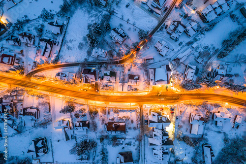 Illuminated Street in Winter Zakopane Town. Top Down Drone View