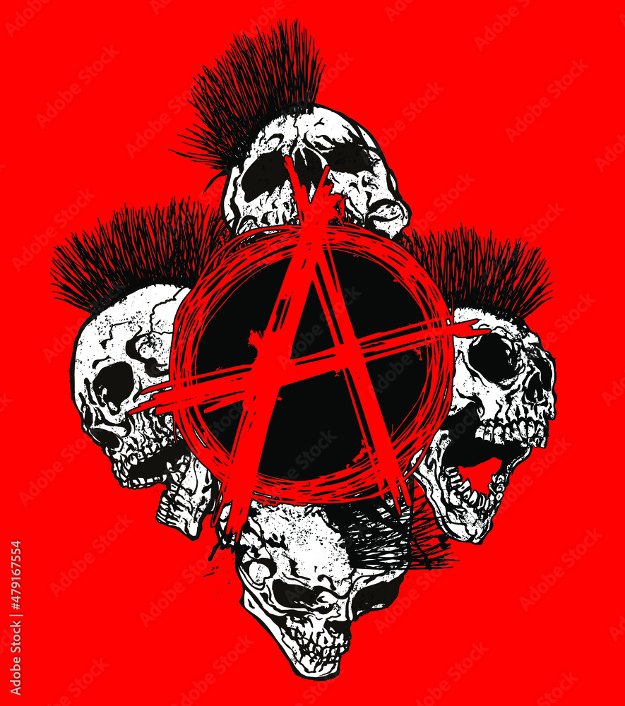 Red A anarchy symbol and four mohawk hair skulls screaming and laughing on  red background. Vector hand drawn illustration in the style of punk vintage  designs. Stock Vector | Adobe Stock