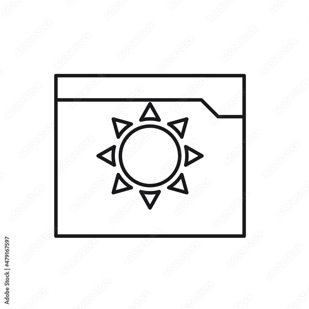 Vector outline symbol suitable for internet pages, sites, stores, shops, social networks. Editable stroke. Line icon of sun on folder Vector outline symbol suitable for internet pages, sites, stores, shops, social networks. Editable stroke. Line icon of sun on folder