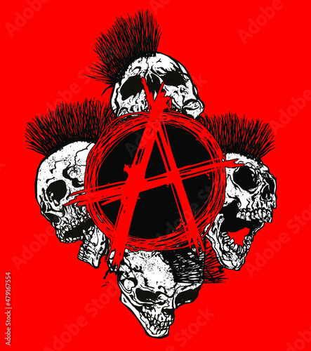 Red A anarchy symbol and four mohawk hair skulls screaming and laughing on red background. Vector hand drawn illustration in the style of punk vintage designs. photo