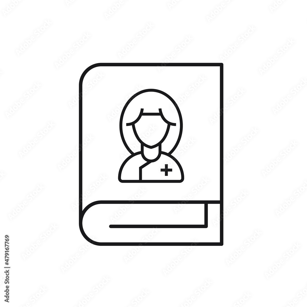 Fototapeta premium Vector outline symbol suitable for internet pages, sites, stores, shops, social networks. Editable stroke. Line icon of female doctor on cover of book