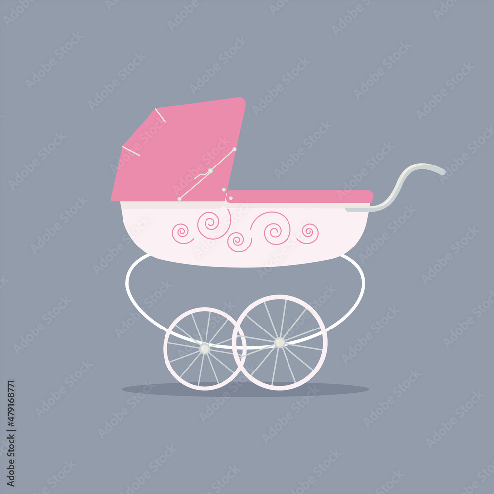 Cute luxury stroller for girl in white and pink colors on blue background. Transport for walking with baby.For advertising children products and goods.Raster flat illustration Cute luxury stroller for girl in white and pink colors on blue background. Transport for walking with baby.For advertising children products and goods.Raster flat illustration