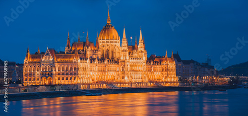 Large panorama of the Budapest parliament building during blue hour.