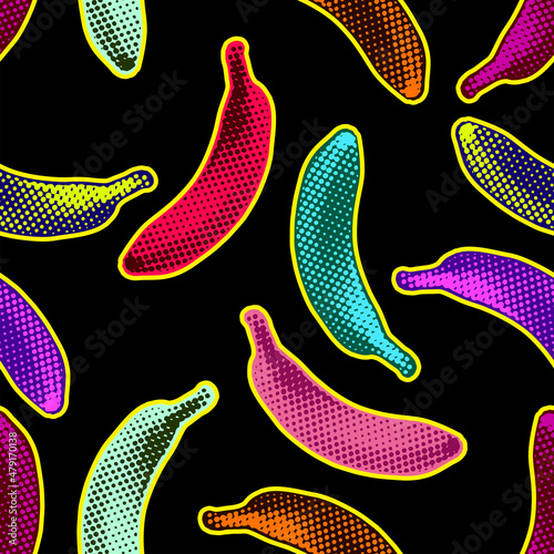 Seamless vector pop art pattern of colorful bananas randomly distributed on black background in halftone dot style design.