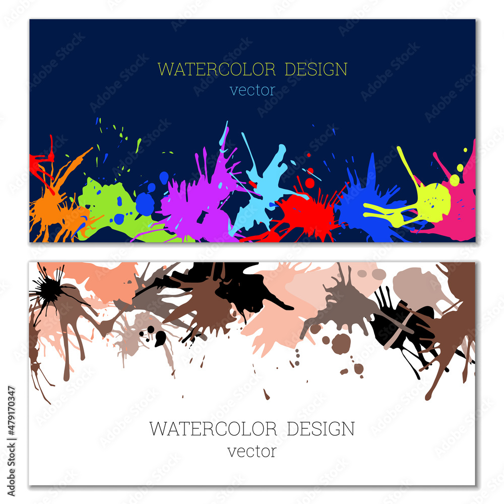 Splashes of paint. Blots. A set of two creative bright watercolor backgrounds. Banner, cover design. Artistic design in abstract style. Splashes of paint. Blots. A set of two creative bright watercolor backgrounds. Banner, cover design. Artistic design in abstract style.
