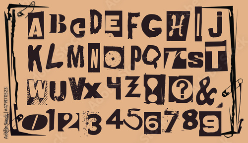 Punk typography vector alphabet and numbers. Type specimen set for grunge font flyers and posters or ransom note style designs.