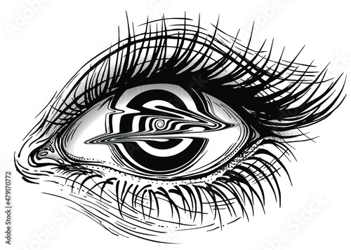 Isolated vector illustration of realistic human eye of a girl with glitched spiral hypnotic iris.