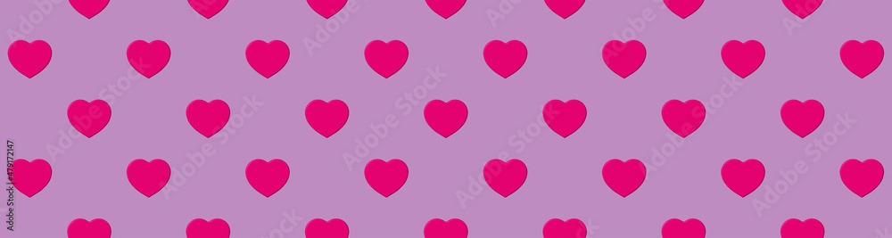 Seamless pattern. Pink heart on pastel purple purple backgrounds. symbol of love. Template for application to surface. Banner for insertion into site. 3d image. 3d rendering
