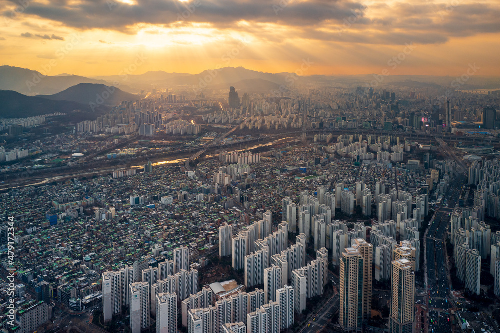 Aerial view of Jamsil area at sunset, Seoul, South Korea.