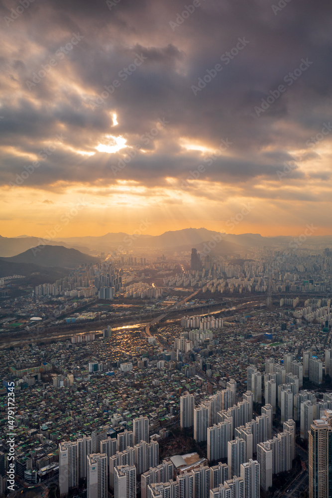 Aerial view of Jamsil area at sunset, Seoul, South Korea. Vertical orientation.