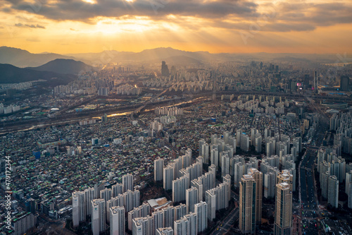 Aerial view of Jamsil area at sunset, Seoul, South Korea. © Ovnigraphic