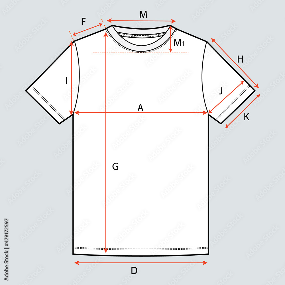 Basic T shirt Technical Drawing Flat sketch With Measurement guide ...