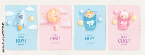Obraz na plátně Set of baby shower invitation with cartoon baby girl, baby boy, rocket and hot air balloon on blue and pink background