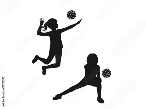 バレーボール　バレー部　シルエット　部活　スポーツスパイク　レシーブ　女子　中高生　イラスト