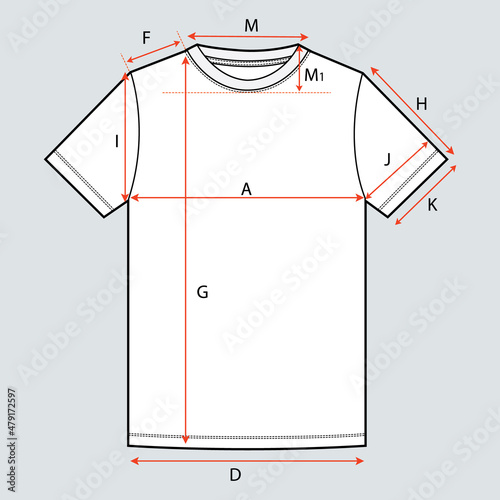 Basic T shirt Technical Drawing Flat sketch With Measurement guide Detail.
