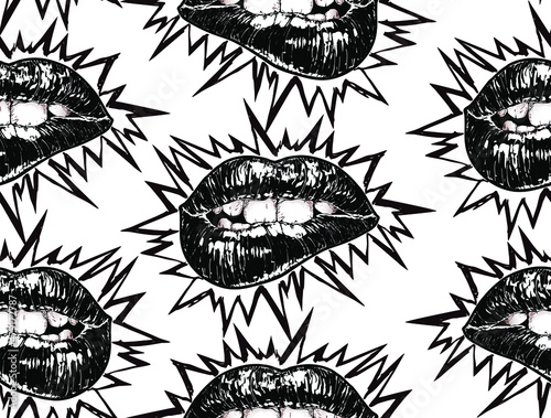Vector black and white seamless pattern of punk lips. Hand drawn bitten black lipstick lips in the style of the of punk flyers and posters with sharp spikes bursting out on white background.