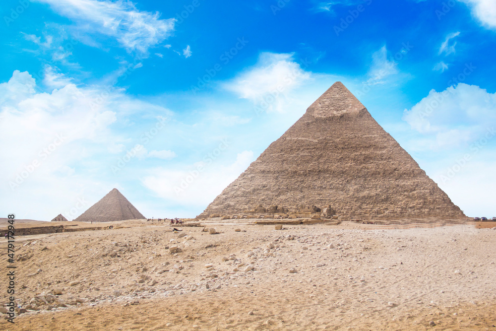 Great Sphinx against the background of the pyramids of the pharaohs Cheops, Khafren, and Mikerin in Giza, Egypt Great Sphinx against the background of the pyramids of the pharaohs Cheops, Khafren, and Mikerin in Giza, Egypt