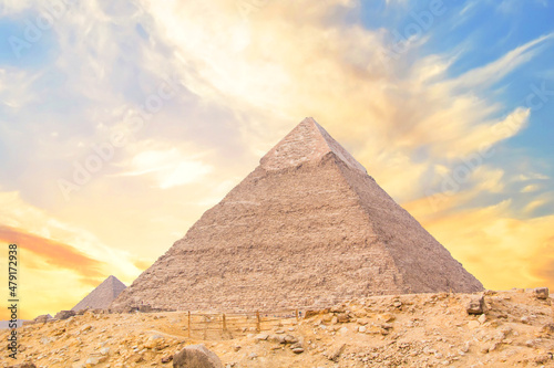 Great Sphinx against the background of the pyramids of the pharaohs Cheops  Khafren  and Mikerin in Giza  Egypt