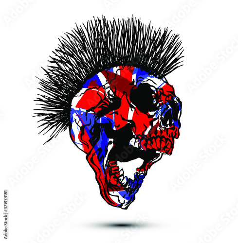 Punk screaming skull head with united kingdom flag texture isolated on white background.