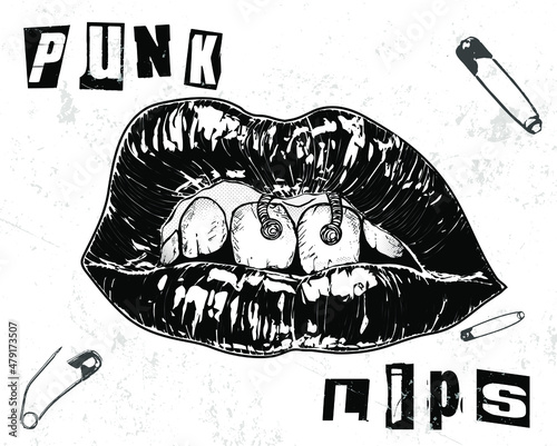 Punk Lips. Hand drawn black lipstick angry lips with piercing in the style of punk and grunge flyers and posters on white background.