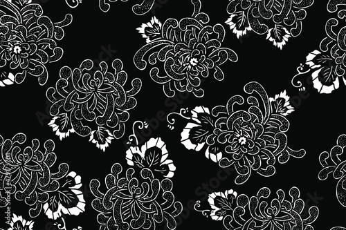 Vector black and white abstract floral seamless pattern of minimalist chrysanthemums in the style of traditional Asian and Japanese stencil textile prints.