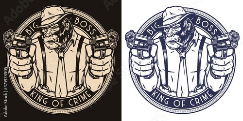 Monochrome badge with gorilla gangster