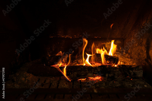 Obraz na plátně Close-up photo of a bonfire with long flames burning a trunk