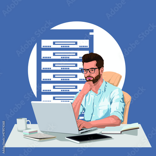 The administrator is sitting at the computer