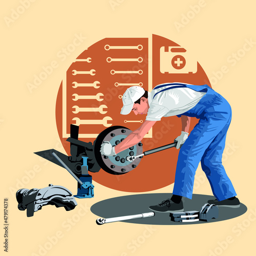 The mechanic repairs the car