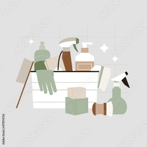 Eco cleaning supplies with cloth, brush, bucket and organic detergent bottles. Flat illustration of zero waste housekeeping products for professional cleanup.