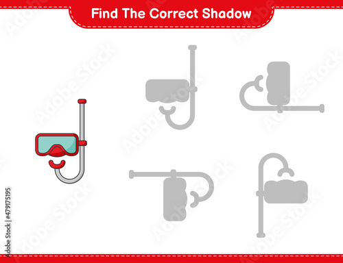 Find the correct shadow. Find and match the correct shadow of Scuba Diving Mask. Educational children game, printable worksheet, vector illustration