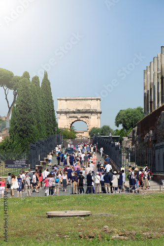 Rome, Italy - June 2019 -  One of the most famous landmarks in the world - Roman Forum. Travel Series - Italy. View above downtown of Rome, Italy.