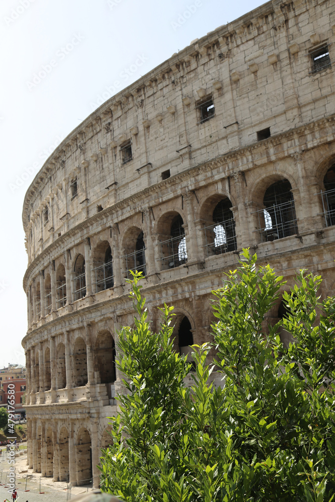 Rome, Italy - June 2019 -  Colosseum in Rome. Colosseum is the most landmark in Rome. Huge Roman amphitheatre.
