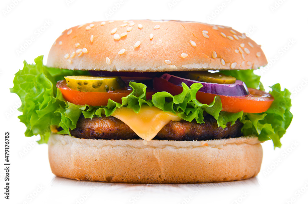 Hamburger with cheese and fresh vegetables isolated on white Hamburger with cheese and fresh vegetables isolated on white