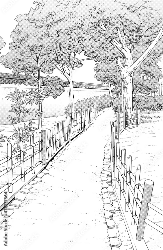 Fototapeta premium 漫画風ペン画イラスト 和風_庭