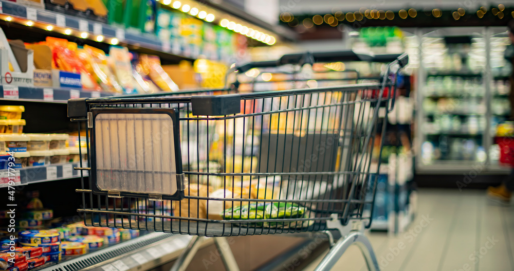 A shopping cart in a supermarket