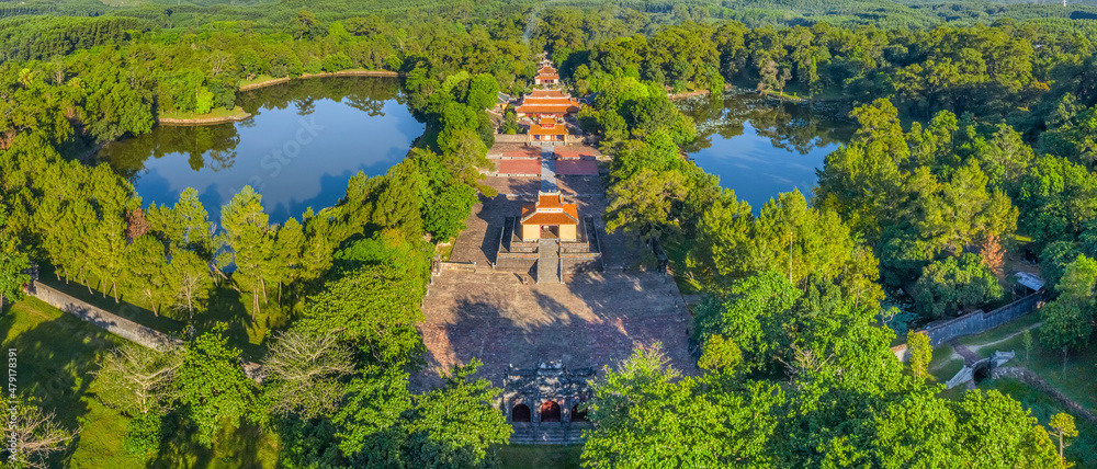 Minh Mang tomb near the Imperial City with the Purple Forbidden City within the Citadel in Hue, Vietnam. Imperial Royal Palace of Nguyen dynasty in Hue. Hue is a popular 