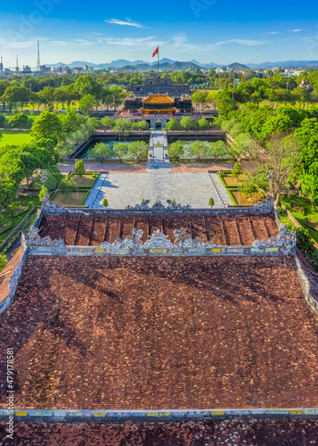 Wonderful view of the Thai Hoa palace in the Imperial City with the Purple Forbidden City within the Citadel in Hue, Vietnam. Imperial Royal Palace of Nguyen dynasty in Hue. Hue is a popular 