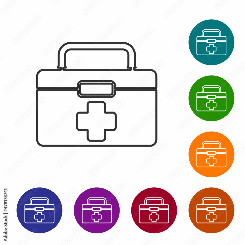 Black line First aid kit icon isolated on white background. Medical box with cross. Medical equipment for emergency. Healthcare concept. Set icons in color circle buttons. Vector Illustration Black line First aid kit icon isolated on white background. Medical box with cross. Medical equipment for emergency. Healthcare concept. Set icons in color circle buttons. Vector Illustration
