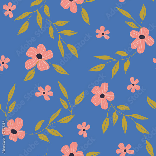 seamless pattern with pink flowers and golden leaves.