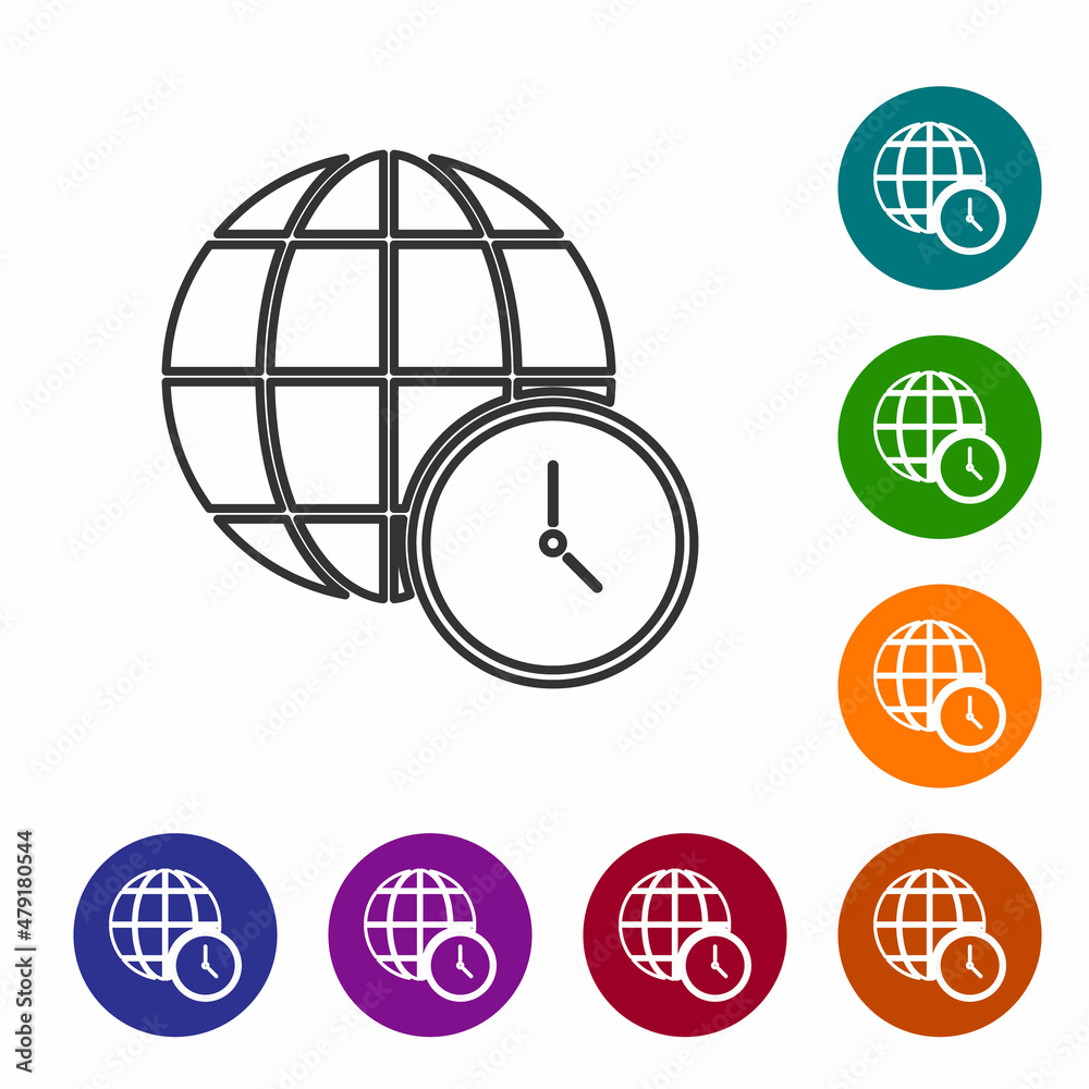 Black line World time icon isolated on white background. Clock and globe. Set icons in color circle buttons. Vector Black line World time icon isolated on white background. Clock and globe. Set icons in color circle buttons. Vector
