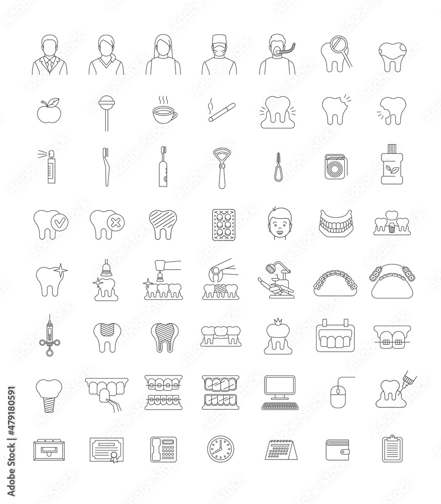 Dentistry icons. Thin line vector signs of dental clinic services. Oral health care concepts. Mouth hygiene, dental implants, surgery, orthodontic. Dentist office staff. Teeth diseases and treatment.