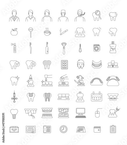 Dentistry icons. Thin line vector signs of dental clinic services. Oral health care concepts. Mouth hygiene, dental implants, surgery, orthodontic. Dentist office staff. Teeth diseases and treatment.