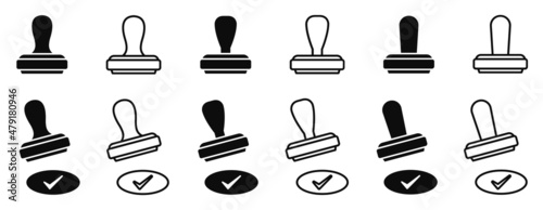 Set of stamp icons. Approval stamp, imprint. Stamper, watermark. Ink pad sign. Rubber stamp icon. Permission logotype, vector.